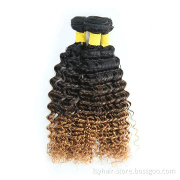 Ombre Brazilian Hair Bundles Deep Wave With Closure, Sew In Human Hair Weave Ombre Hair Weaves Curly